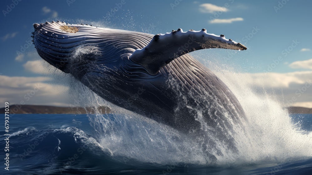 An Humpback whale jumping out of the water in Ocean - obrazy, fototapety, plakaty 