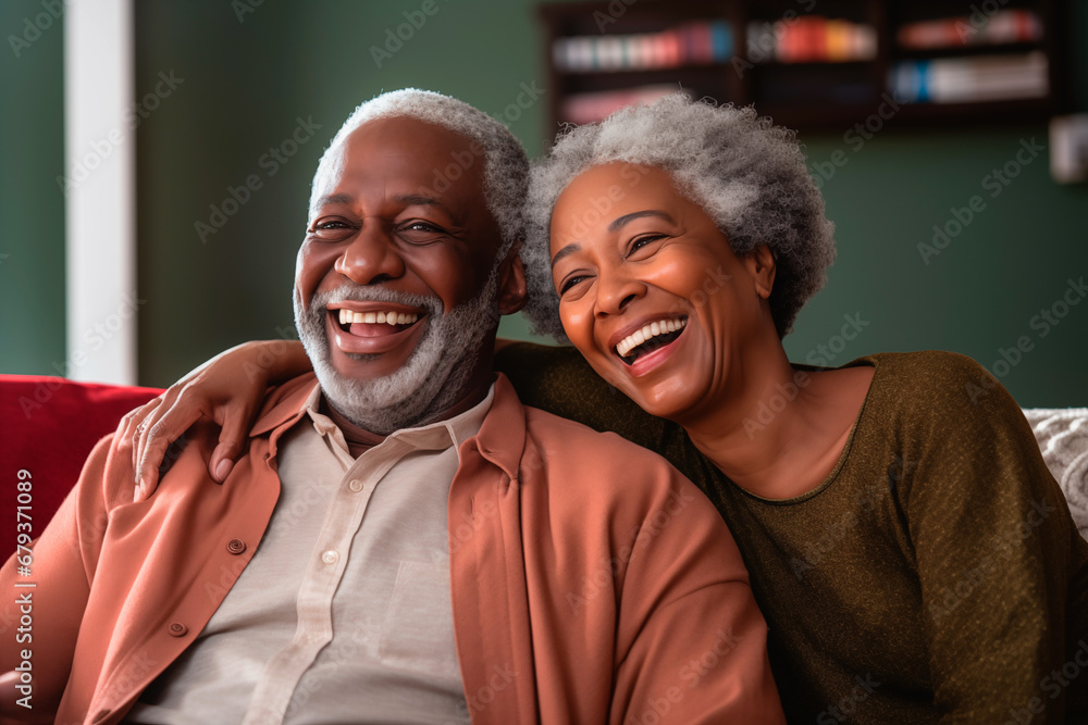 Aged african couple embracing and smiling on the sofa