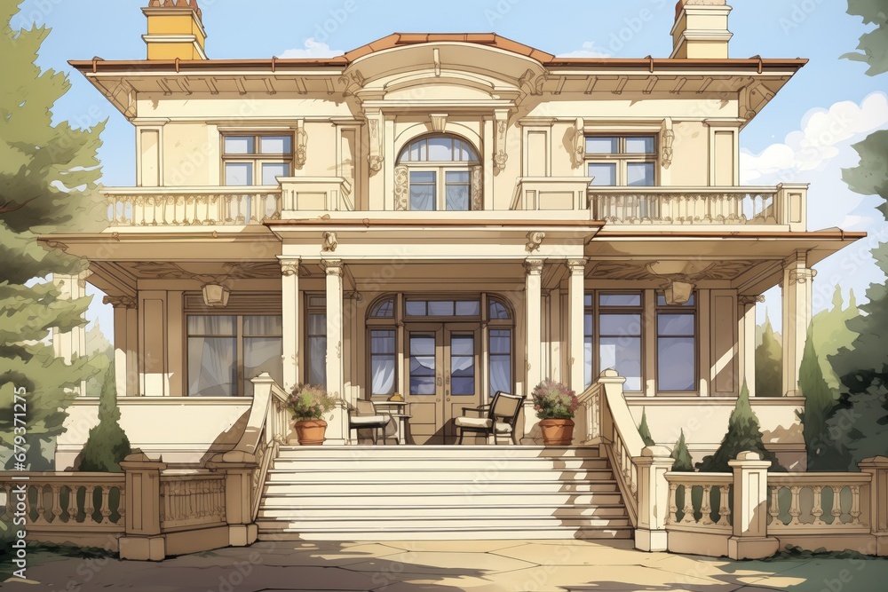 georgian home with a large pediment and a balcony, magazine style illustration