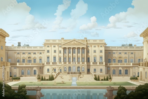 panoramic view of a georgian mansion complex with dentil molding, magazine style illustration photo