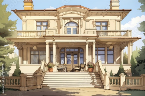 georgian home with a large pediment and a balcony, magazine style illustration photo