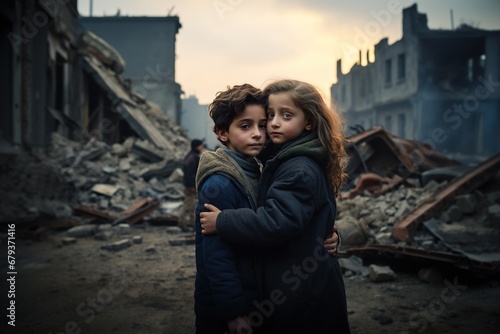 close-up of two children embracing in fear and desolation due to the war