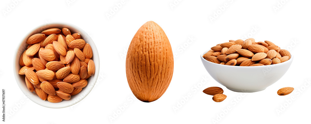 Almonds collage set in different shapes over isolated transparent background Almonds collage set in different shapes over isolated transparent background