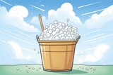 a bucket full of white golf balls at a driving range