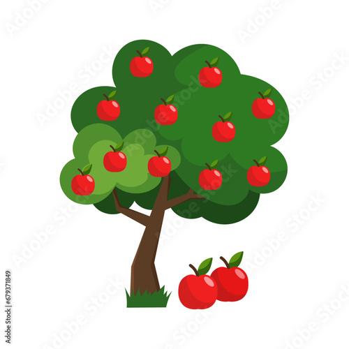 Vector illustration of an apple tree in flat style on a white background. Apple.