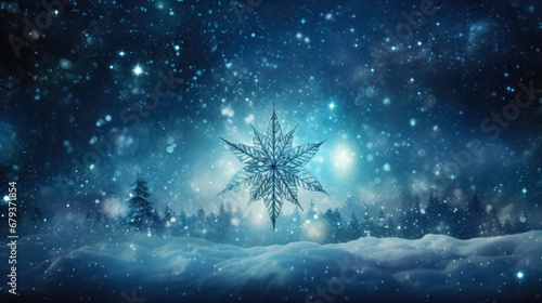 Snowflake in the night forest. 3D illustration. Christmas background. © korkut82