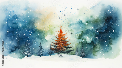 Watercolor winter landscape with fir trees, snowflakes and stars. Vector illustration.