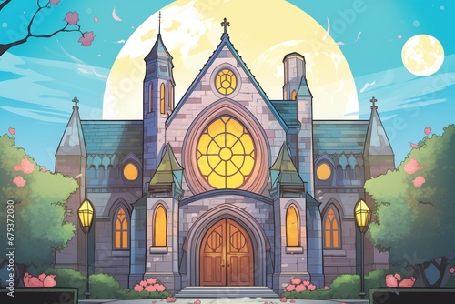 evening shot of a gothic revival church highlighting the rose window, magazine style illustration photo