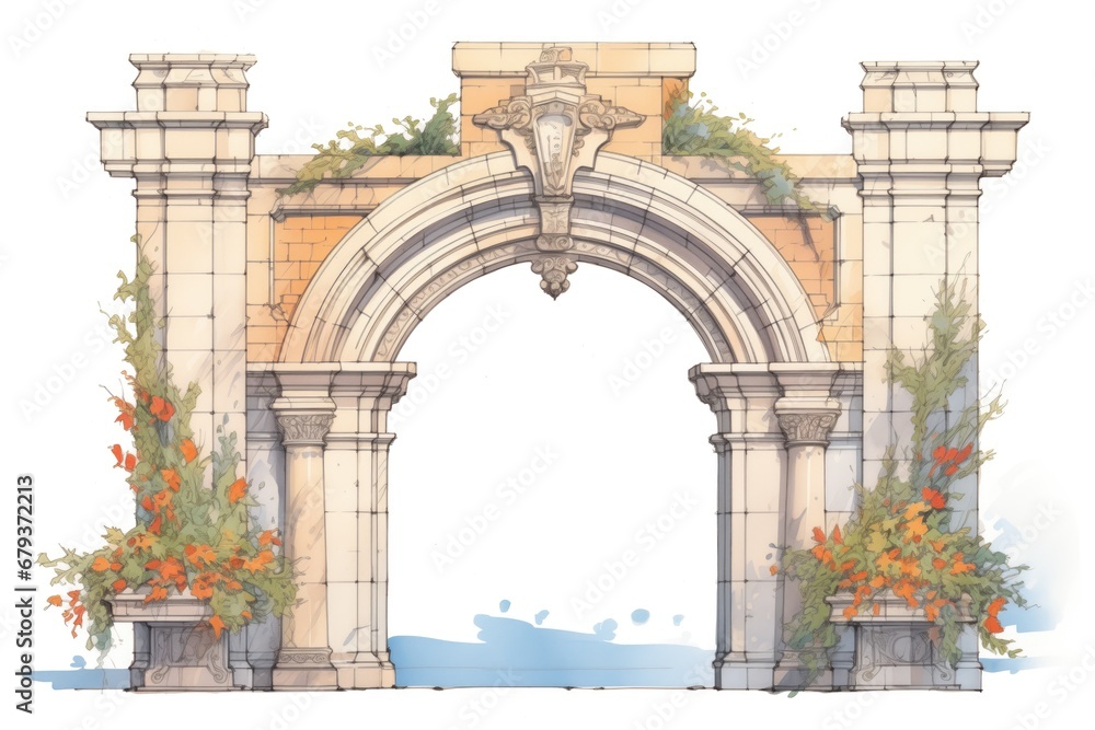 a direct view of a gothic revival archway carved in stone, magazine style illustration