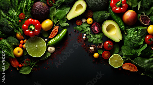 fresh fruits and vegetables on black background copy space Generated with AI © FatimaKhan
