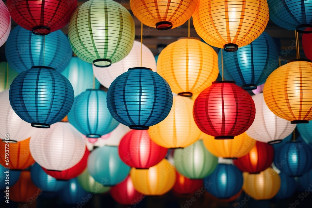 Colorful paper lanterns hanging in the night. Chinese New Year concept
