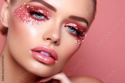 Woman face with glitter makeup on pink background. Fashion glamour cosmetic concept. Banner with copy space