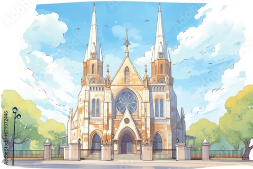 daylight shot of a stone gothic revival cathedrals exterior, magazine style illustration