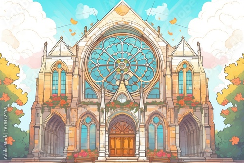 a gothic revival cathedral, focal point the rose window, magazine style illustration photo