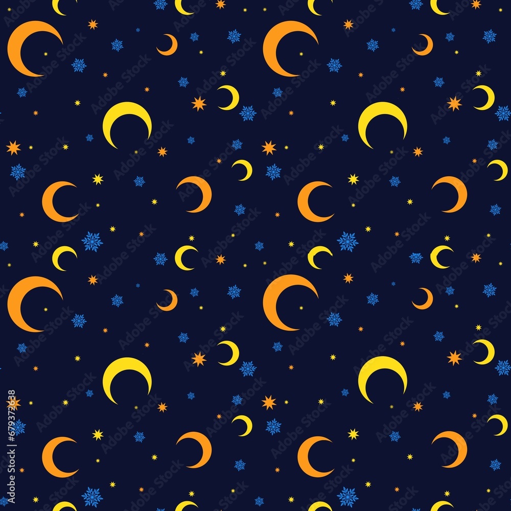Seamless pattern with yellow and orange moons and snowflakes on a navy blue background Seamless pattern with yellow and orange moons and snowflakes on a navy blue background