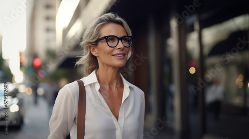Elegant senior businesswoman in glasses  walking in city