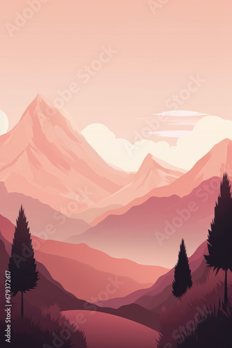 Flat style abstract minimalistic aesthetic mountains landscape background. Pink color shades.