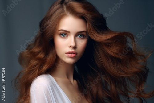 Stunning woman with flowing auburn hair and captivating blue eyes in soft lighting