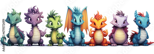 Cute cartoon illustration of different colorful baby dragons on white background