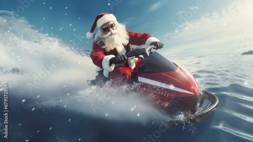 Santa Claus trading his sleigh for a jet ski, speeding on ocean waves © VK Studio