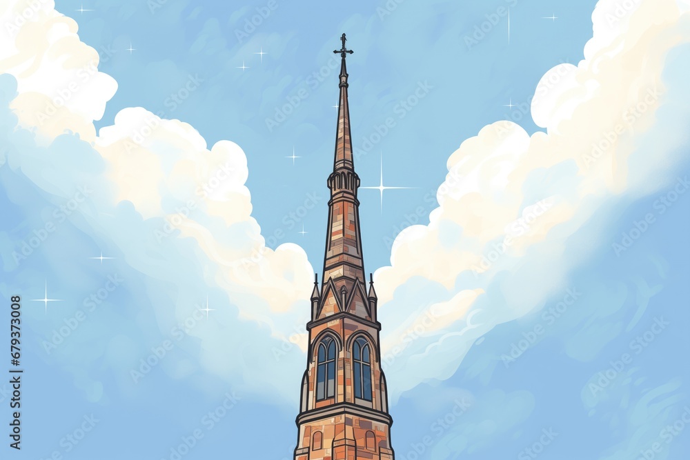 overcast sky silhouette of a gothic revival spire, magazine style illustration overcast sky silhouette of a gothic revival spire, magazine style illustration