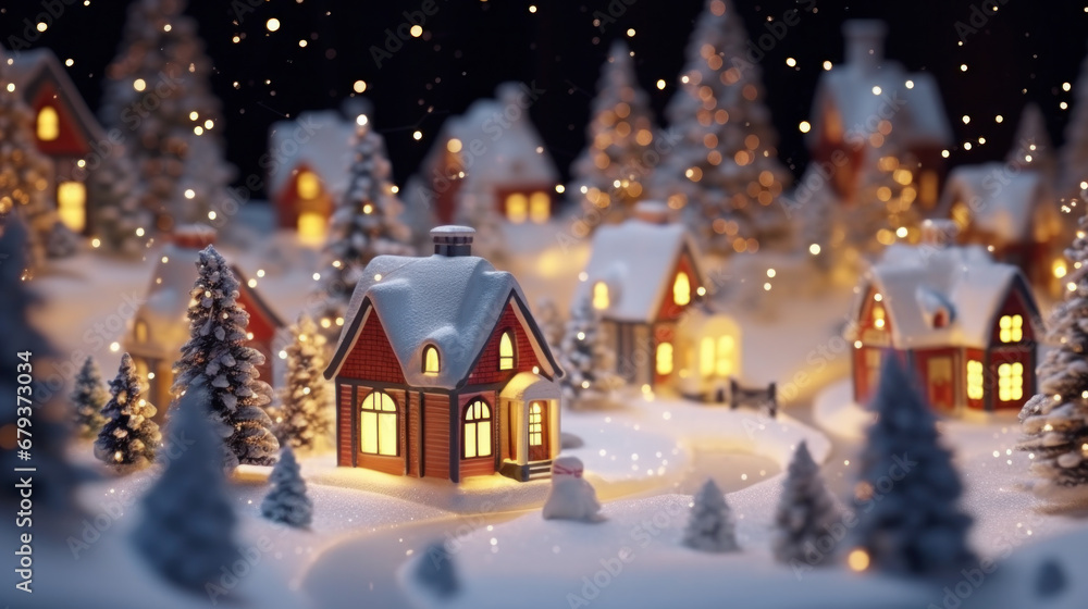 Enchanting miniature snowy village with glowing houses and trees under a magical winter night sky
