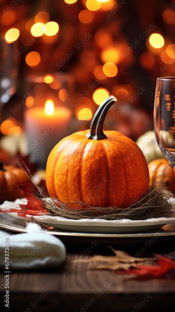 Obraz premium Thanksgiving table setting with real pumpkin and fresh cut flowers. Autumn theme. Place for text