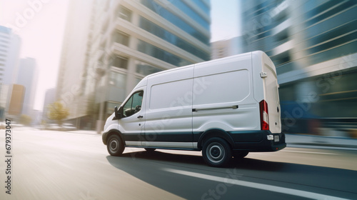 Speeding white cargo van in urban setting, motion blur, city delivery