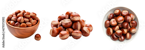 Collage set of hazelnuts in wooden bowls and top view over isolated transparent background photo