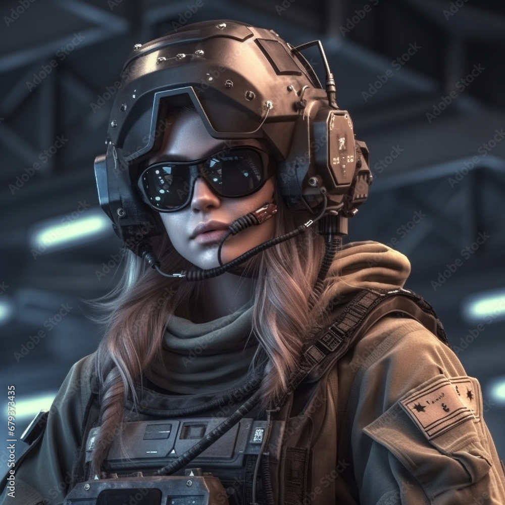 Woman in military uniform wearing virtual reality goggles. AI Generated Woman in military uniform wearing virtual reality goggles. AI Generated