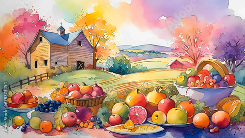 Fruits of Summer watercolor style farmhouse landscape fruit picnic 
