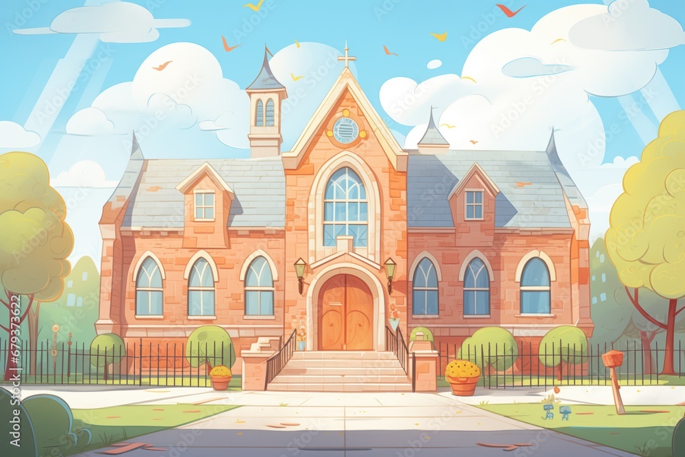 a gothic revival school with wooden main entrance, magazine style illustration