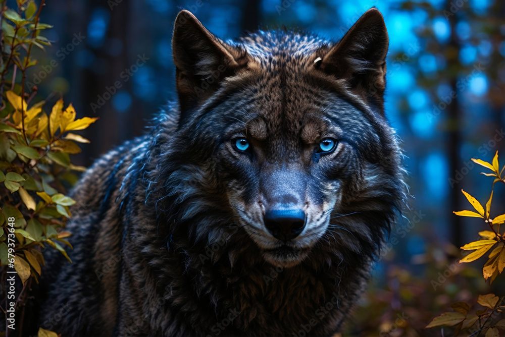 A portrait of a wolf with blue eyes in the forest. A portrait of a wolf with blue eyes in the forest.