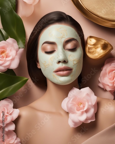 A beautiful young girl lying in a spa, wearing an eco-friendly vegan green mask with a gold pattern on her face, with pink flowers and leaves all around her