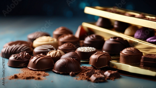 Different chocolates in a box on dark background