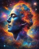 The idea that the human brain and thoughts are inextricably linked to the universe, a cosmic background, a face in the nebula and stars, surreal composition and bright colors