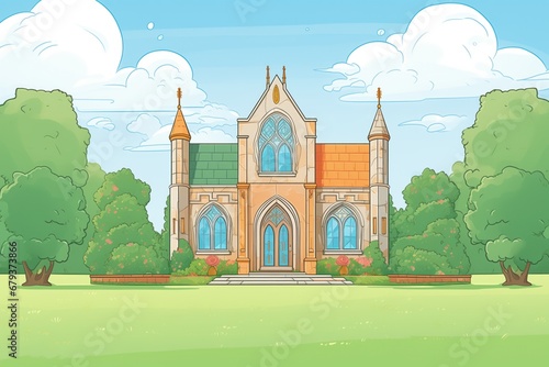 lush green lawn before gothic revival estate with pointed arch windows, magazine style illustration