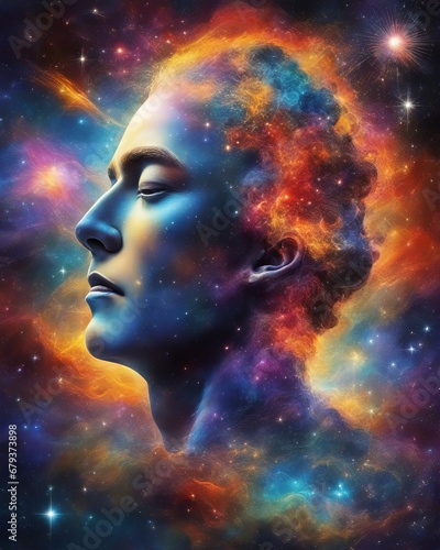 The idea that the human brain and thoughts are inextricably linked to the universe  a cosmic background  a face in the nebula and stars  surreal composition and bright colors
