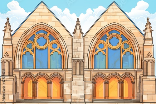 double pointed arch windows on a cathedrals facade, magazine style illustration