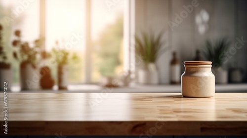 A luminous image showcasing an empty Podium elegantly placed in front of a blurred Kitchen background for product display