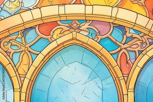 close-up of stained glass in pointed arch window  magazine style illustration
