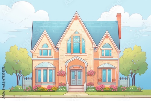 large gothic revival home with pointed arch windows, magazine style illustration photo