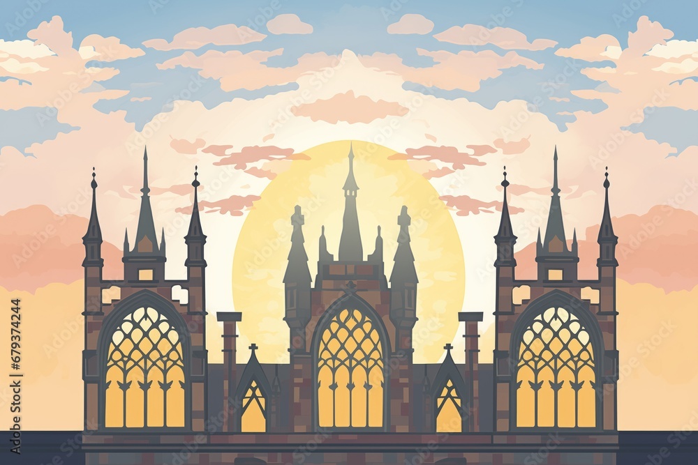 Fototapeta premium silhouette of a gothic revival castles pointed arch windows at sunset, magazine style illustration