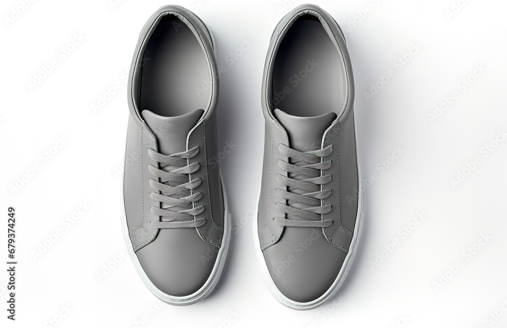 a pair of grey sneakers on a white background