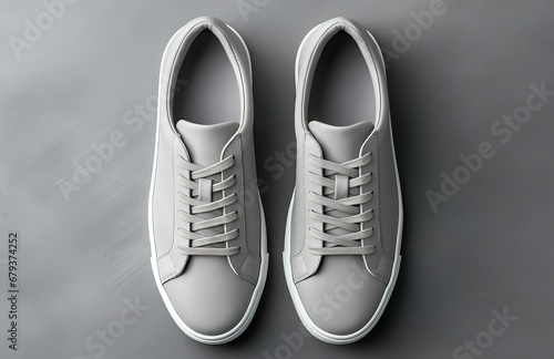 gray leather sneakers on a grey ground