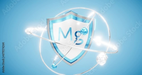 magnesium symbol - mg located on a shield with rotating atoms and electrons in orbits, mineral protection concept 