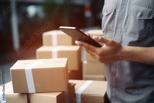 Close up of men work at home Use smartphones for commercial checking, online marketing, packing boxes, SME sellers, concept, e-commerce team © skunevski