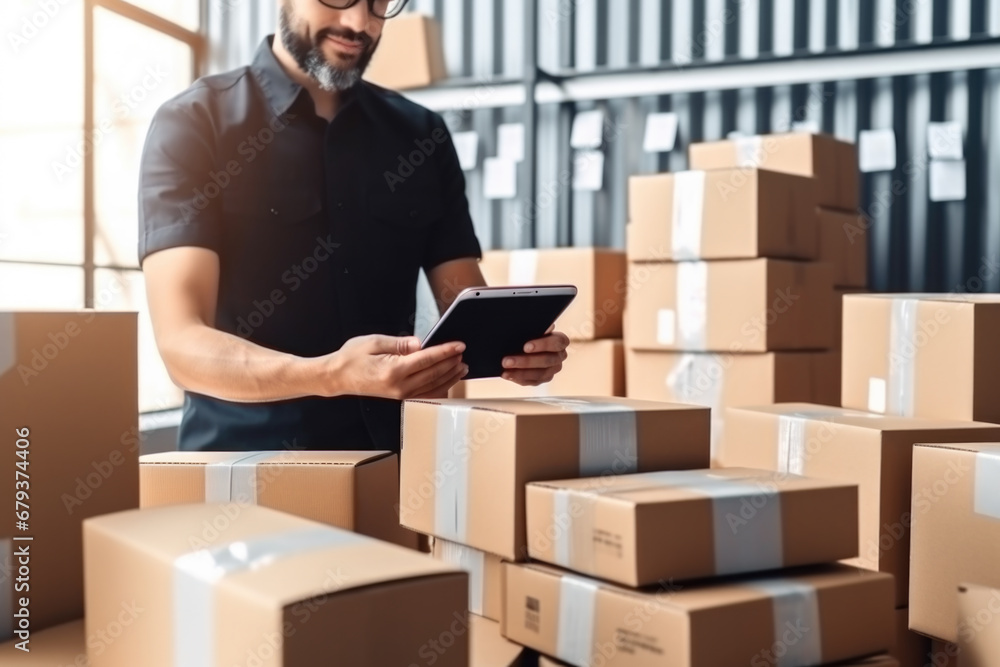 Close up of men work at home Use smartphones for commercial checking, online marketing, packing boxes, SME sellers, concept, e-commerce team Close up of men work at home Use smartphones for commercial checking, online marketing, packing boxes, SME sellers, concept, e-commerce team