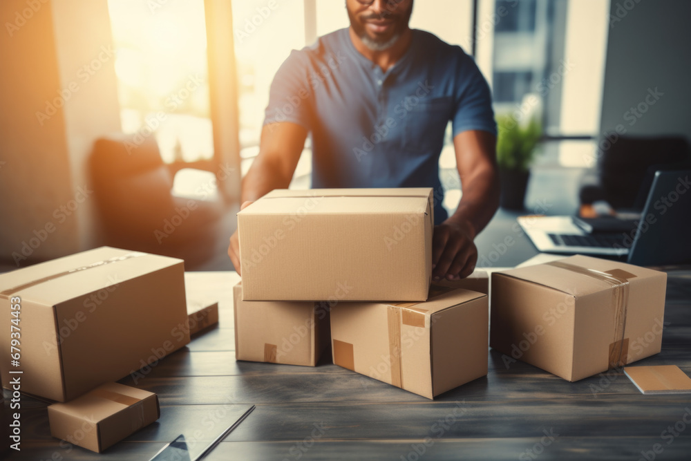 Close up of men work at home Use smartphones for commercial checking, online marketing, packing boxes, SME sellers, concept, e-commerce team Close up of men work at home Use smartphones for commercial checking, online marketing, packing boxes, SME sellers, concept, e-commerce team