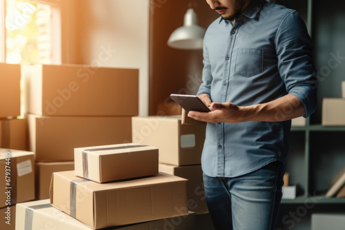 Close up of men work at home Use smartphones for commercial checking, online marketing, packing boxes, SME sellers, concept, e-commerce team